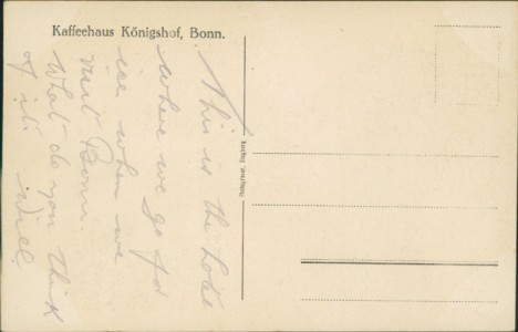 Adressseite der Ansichtskarte Bonn, Kaffeehaus Königshof