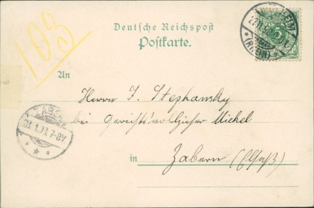 Adressseite der Ansichtskarte Köln-Mülheim, Realgymnasium, Rheinansicht, Städt. Webschule, Postgebäude