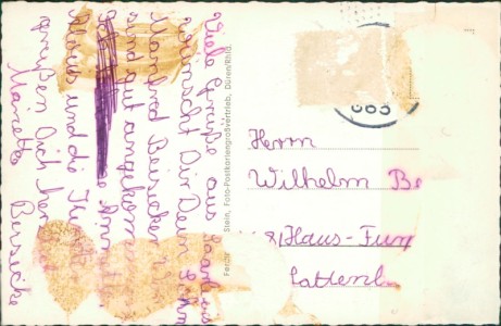 Adressseite der Ansichtskarte Saarlouis-Picard, Mehrbildkarte mit Kirche und Spar (RÜCKSEITE SCHLECHT ERHALTEN, DRUCKSTELLEN)