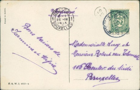 Adressseite der Ansichtskarte Fröhliche Ostern / Joyeuses Pâques, vermenschlichte Küken