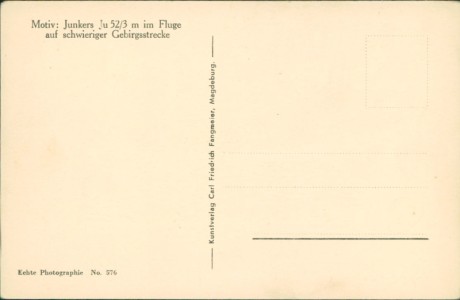 Adressseite der Ansichtskarte Aus deutschen Landen, Junkers Ju 52/3 m im Fluge auf schwieriger Gebirgsstrecke