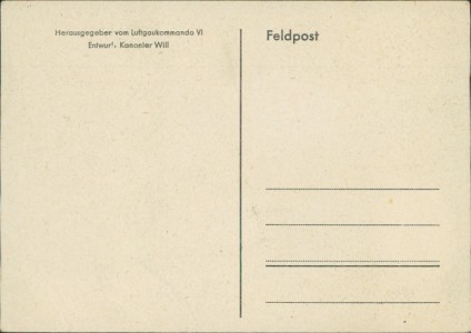 Adressseite der Ansichtskarte Kriegs-Weihnachten 1941, Herausgegeben vom Luftgaukommando VI, Entwurf: Kanonier Will (MEHRERE KNICKE/KNICKSPUREN)