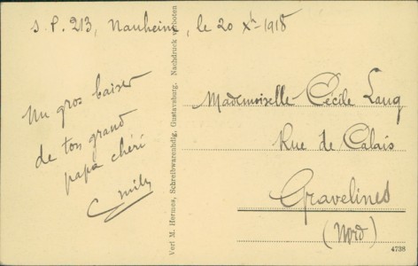 Adressseite der Ansichtskarte Ginsheim-Gustavsburg, Darmstädter Landstraße, Kath. Kirche, Schulstraße, Bahnstraße, Evgl. Kirche, Schulhaus (BESCHNITTEN)