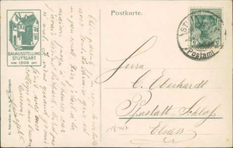 Adressseite der Ansichtskarte Stuttgart, Bauausstellung 1908, "Weinhaus am See", Georg Friedr. Koppenhöfer. Erbauer: Prof. P Schmohl u. G. Stähelin, Arch., Stuttgart