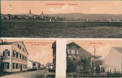 Alte Ansichtskarte Langenlonsheim, Totalansicht, Gasthaus zur Stadt Kreuznach von Gustav Wetzig, Garten u. Saal