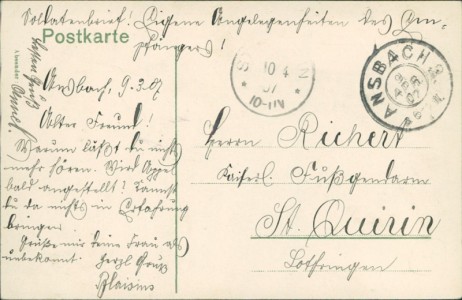 Adressseite der Ansichtskarte Ansbach, Offizier-Casino und Reuter-Bauviertel