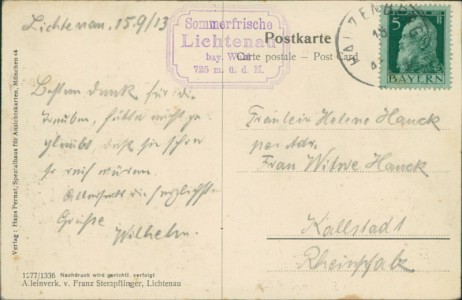 Adressseite der Ansichtskarte Hauzenberg, Sommerfrische Lichtenau, Bayr. Wald