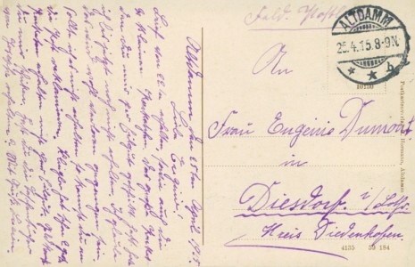 Adressseite der Ansichtskarte Altdamm / Dąbie, Marktplatz mit Rathaus