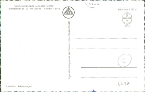 Adressseite der Ansichtskarte Münster, Jugendherberge, Bismarckallee 31, Am Aasee