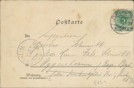 Adressseite der Ansichtskarte Gruss aus Lützelsachsen, Totalansicht vom Schmidtberge aus gesehen, Rathaus, Schule, Restauration zum goldnen Stern (GROßER ECKKNICK UNTEN RECHTS)