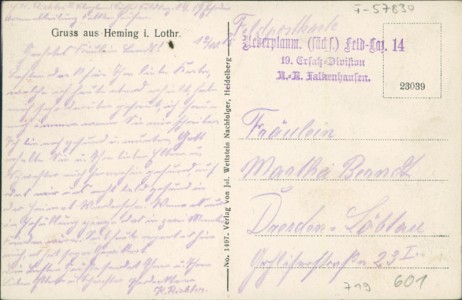 Adressseite der Ansichtskarte Heming / Héming, Gesamtansicht