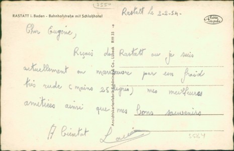 Adressseite der Ansichtskarte Rastatt, Bahnhofstraße mit Schloßhotel