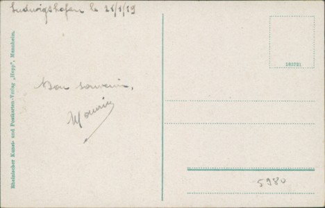 Adressseite der Ansichtskarte Ludwigshafen am Rhein, Bismarckstrasse