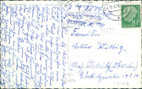 Adressseite der Ansichtskarte Neheim-Hüsten (Arnsberg), Hauptstraße mit VW Käfer