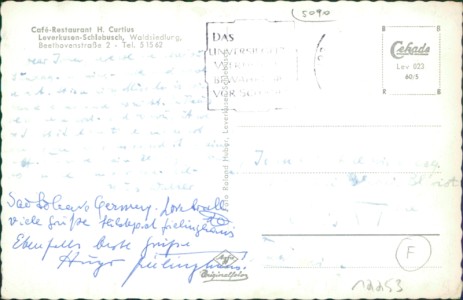Adressseite der Ansichtskarte Leverkusen-Schlebusch, Café-Restaurant H. Curtius