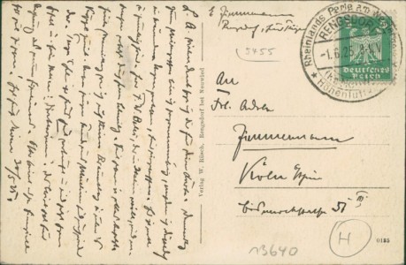 Adressseite der Ansichtskarte Rengsdorf, Haus Preyer