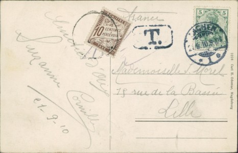 Adressseite der Ansichtskarte Aachen, Bahnhof mit Kriegerdenkmal (Nachporto)