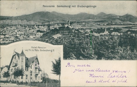 Alte Ansichtskarte Bad Godesberg, Panorama Godesberg mit Siebengebirge, Hotel-Pension von Frl. G. Pütz, Godesberg II