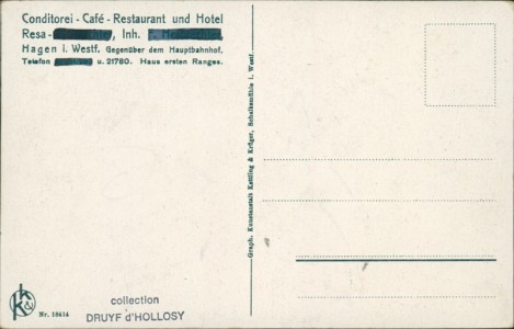Adressseite der Ansichtskarte Hagen, Conditorei - Café - Restaurant und Hotel Resa