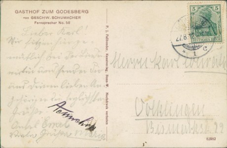 Adressseite der Ansichtskarte Bad Godesberg, Ännchenhaus u. die Godesburg