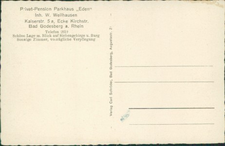 Adressseite der Ansichtskarte Bad Godesberg, Privat-Pension Parkhaus "Eden", Inh. W. Wellhausen, Kaiserstr. 5 a, Ecke Kirchstr.