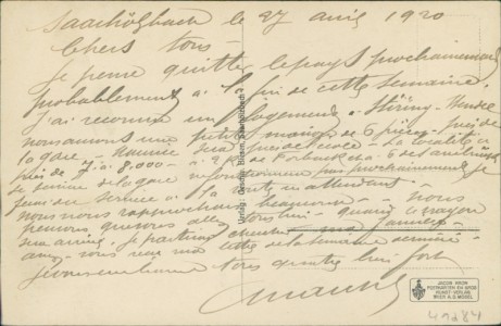 Adressseite der Ansichtskarte Mettlach-Saarhölzbach, Gesamtansicht mit Bahnstrecke