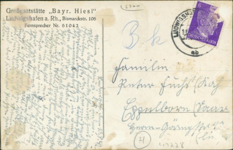Adressseite der Ansichtskarte Ludwigshafen am Rhein, Großgaststätte "Bayr. Hiesl", Bismarckstr. 106