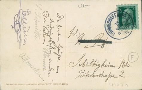 Adressseite der Ansichtskarte Ludwigshafen am Rhein, Rheinufer