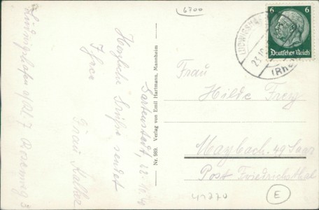 Adressseite der Ansichtskarte Ludwigshafen am Rhein, Hindenburgplatz