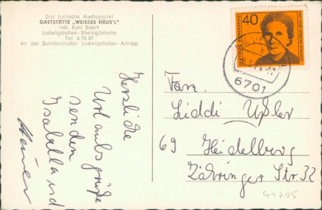 Adressseite der Ansichtskarte Ludwigshafen am Rhein-Rheingönheim, Gaststätte "Weißes Häus'l", Inh. Kuni Baert