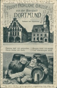 Alte Ansichtskarte Dortmund, Feucht-fröhliche Grüsse aus der Bierstadt Dortmund. Rathaus und Sparkasse