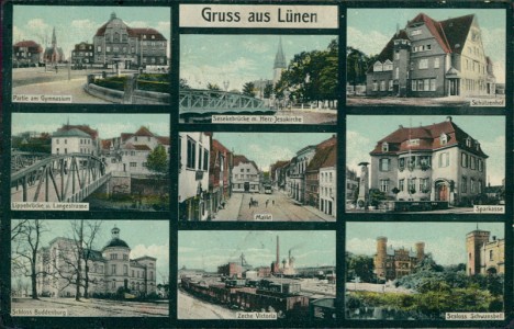 Alte Ansichtskarte Lünen, Mehrbildkarte mit Zeche Victoria, Markt und Schützenhof