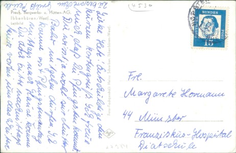 Adressseite der Ansichtskarte Ibbenbüren, Preuß. Bergwerks- u. Hütten-AG, Luftbild