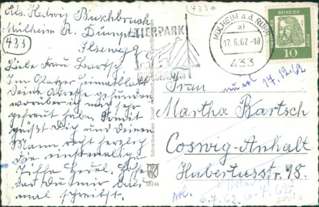 Adressseite der Ansichtskarte Mülheim an der Ruhr-Dümpten, Gemeinschaftsschule, Ladenstraße auf dem Bruch, St. Barbara-Kirche, Denkhauser Höfe