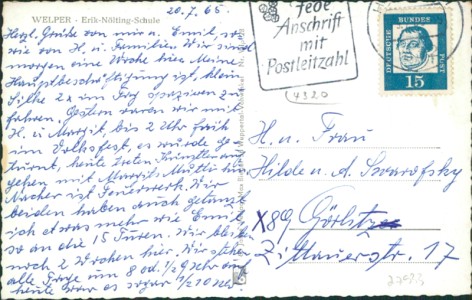 Adressseite der Ansichtskarte Hattingen-Welper, Erik-Nölting-Schule