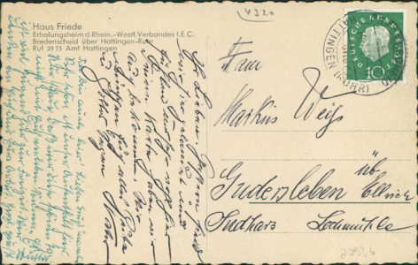 Adressseite der Ansichtskarte Hattingen-Bredenscheid, Haus Friede