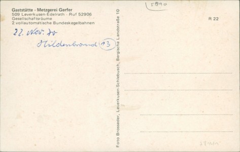 Adressseite der Ansichtskarte Leverkusen-Edelrath, Gaststätte-Metzgerei Gerfer