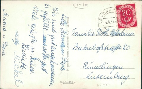 Adressseite der Ansichtskarte Leverkusen-Wiesdorf, Kölner Straße mit Kaufhaus