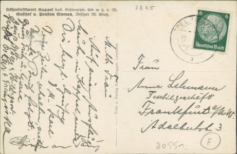 Adressseite der Ansichtskarte Lenzkirch-Kappel, Gasthof u. Pension Sternen, Besitzer M. Glatz