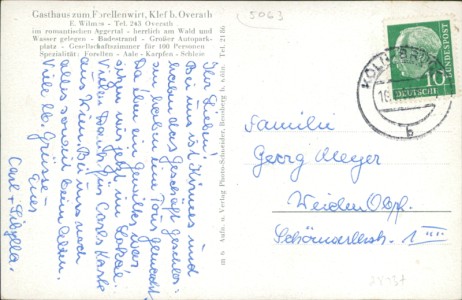 Adressseite der Ansichtskarte Overath-Klef, Gasthaus zum Forellenwirt