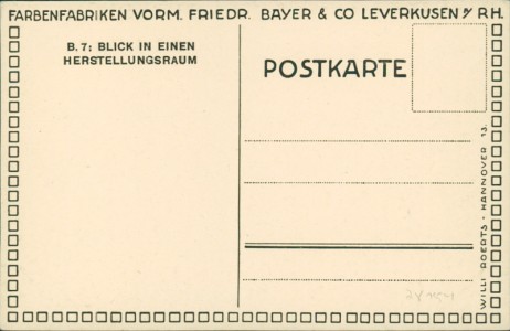 Adressseite der Ansichtskarte Leverkusen, Farbenfabriken vorm. Friedr. Bayer & Co. B.7: Blick in einen Herstellungsraum