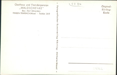 Adressseite der Ansichtskarte Traben-Trarbach, Gasthaus und Fremdenpension "Waldschenke", Bes: Karl Schneiders