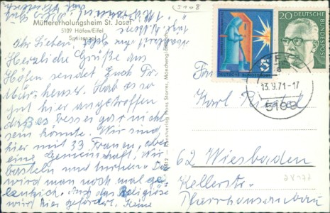 Adressseite der Ansichtskarte Monschau-Höfen, Müttererholungsheim St. Josef