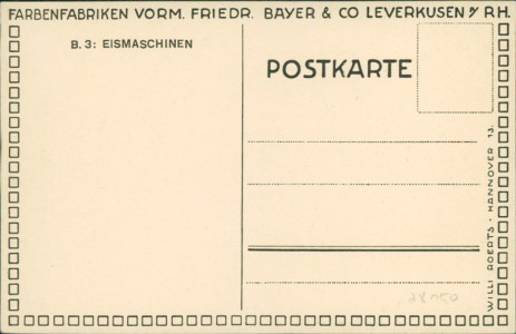 Adressseite der Ansichtskarte Leverkusen, Farbenfabriken vorm. Friedr. Bayer & Co. B.3: Eismaschinen