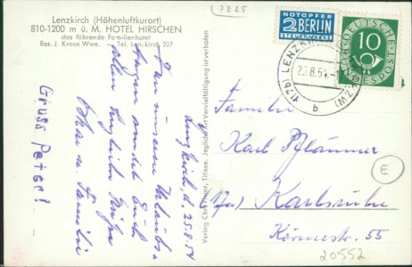 Adressseite der Ansichtskarte Lenzkirch, Hotel Hirschen, Bes. J. Kraus Wwe.