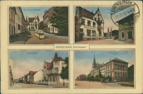 Alte Ansichtskarte Sprendlingen, St. Johannerstrasse mit Straßenbahn, Brauerei Neidlinger, Schulstrasse, Schulhaus
