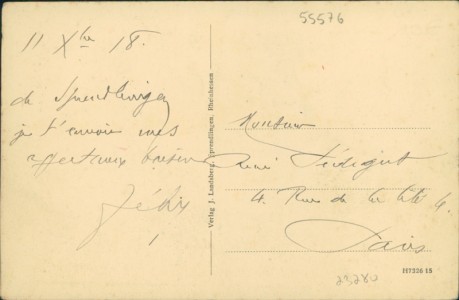 Adressseite der Ansichtskarte Sprendlingen, St. Johannerstrasse mit Straßenbahn, Brauerei Neidlinger, Schulstrasse, Schulhaus