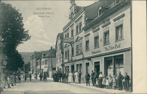 Alte Ansichtskarte Boppard, Bahnhof-Hotel, Telefon 222