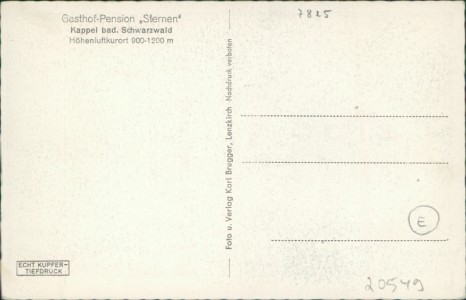 Adressseite der Ansichtskarte Lenzkirch-Kappel, Gasthof-Pension "Sternen"