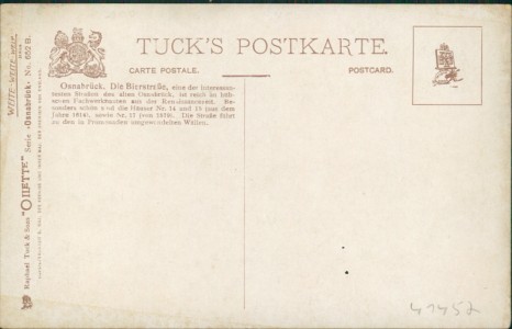 Adressseite der Ansichtskarte Osnabrück, Bierstrasse, Tuck's Postkarte